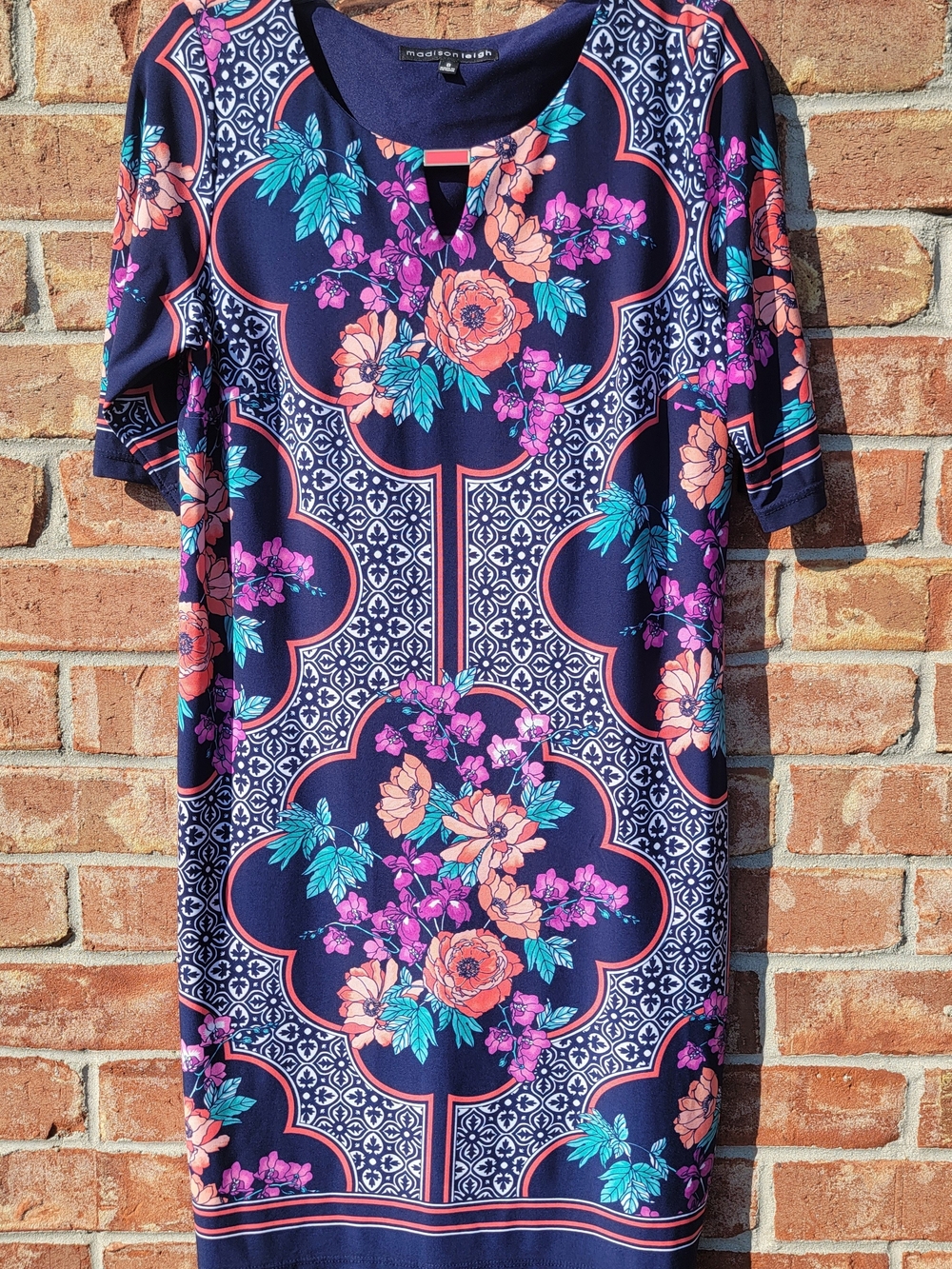 Madison Leigh Navy Floral Midi Dress with Coral and Teal Accents